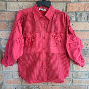 T.F.C. Women's Button Up Top Blouse Long Wide Ruched Sleeves Red Size XL